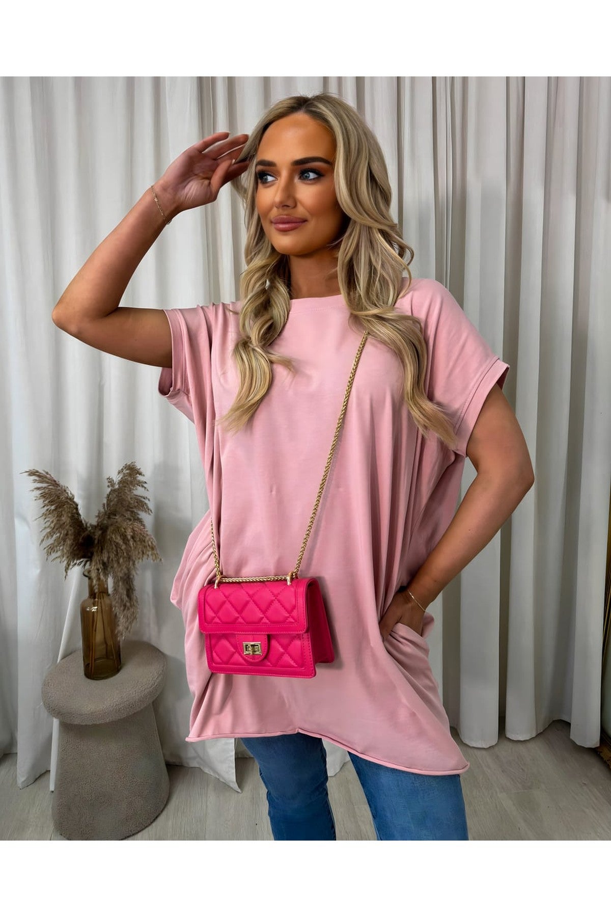 Naomi Round Neck With Side Pockets Oversized Top - Pink