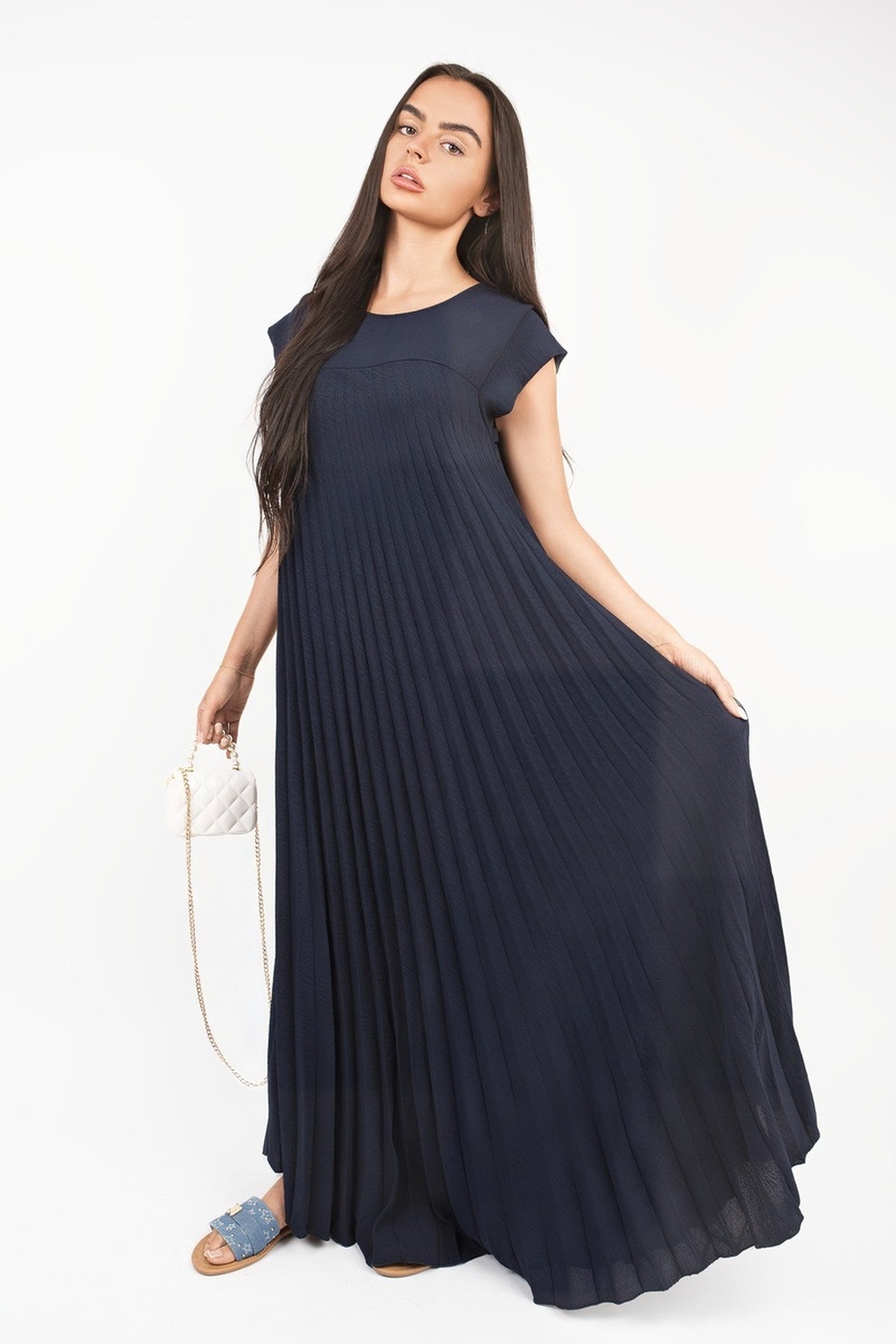 Sarina Pleated Cap Sleeve Maxi Dress - Navy