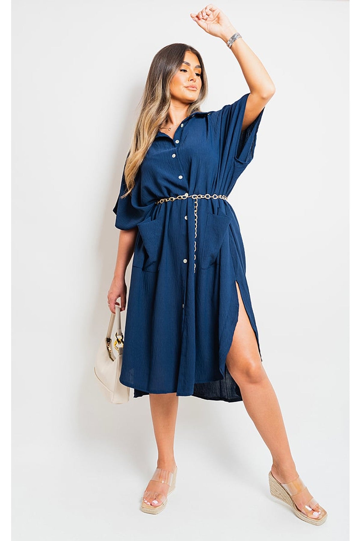 Nancy Button Down Collared Midi Dress With Two Front Pockets - Navy