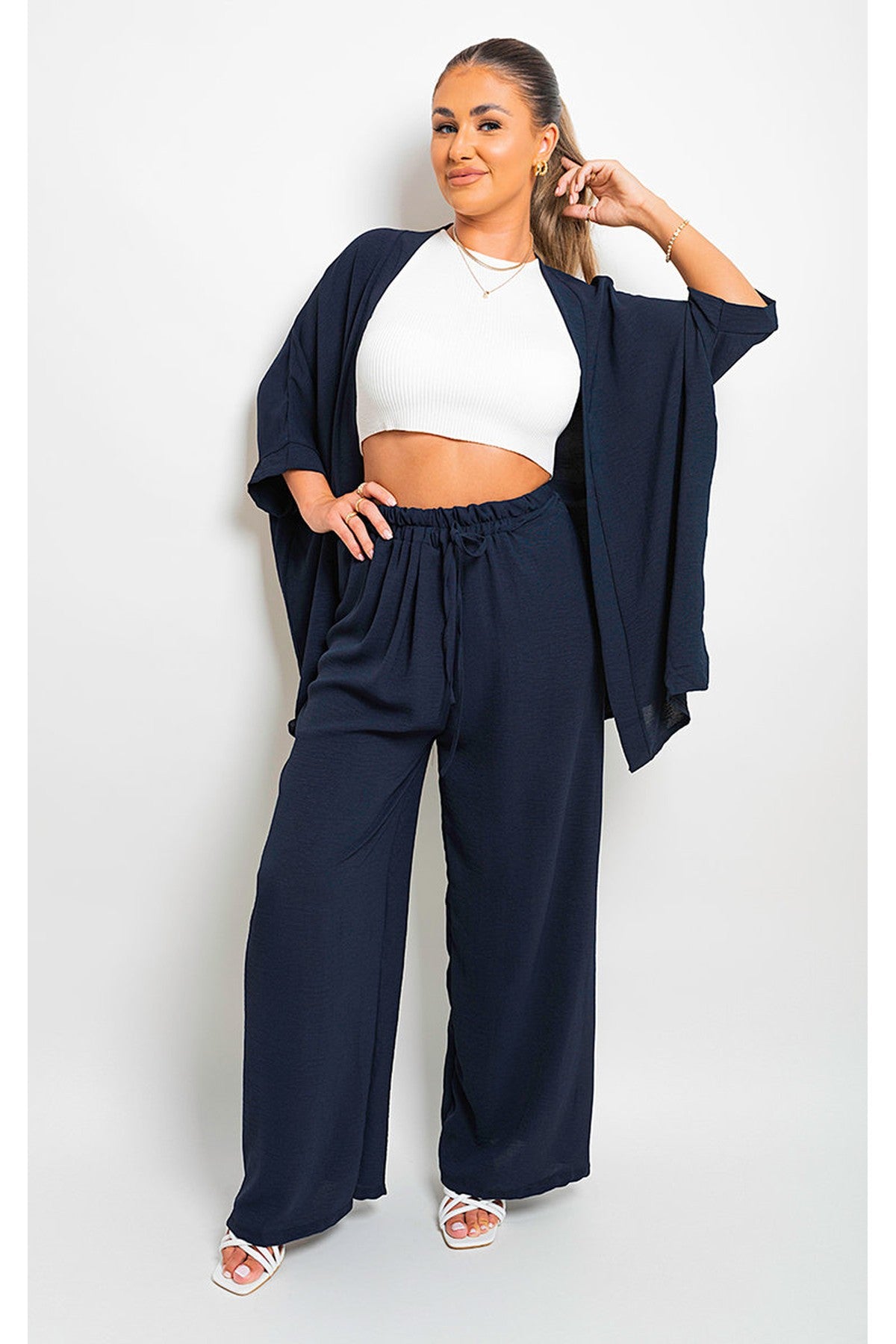 Mollie Drawstring Gathered Waist Wide Leg Trouser - Navy