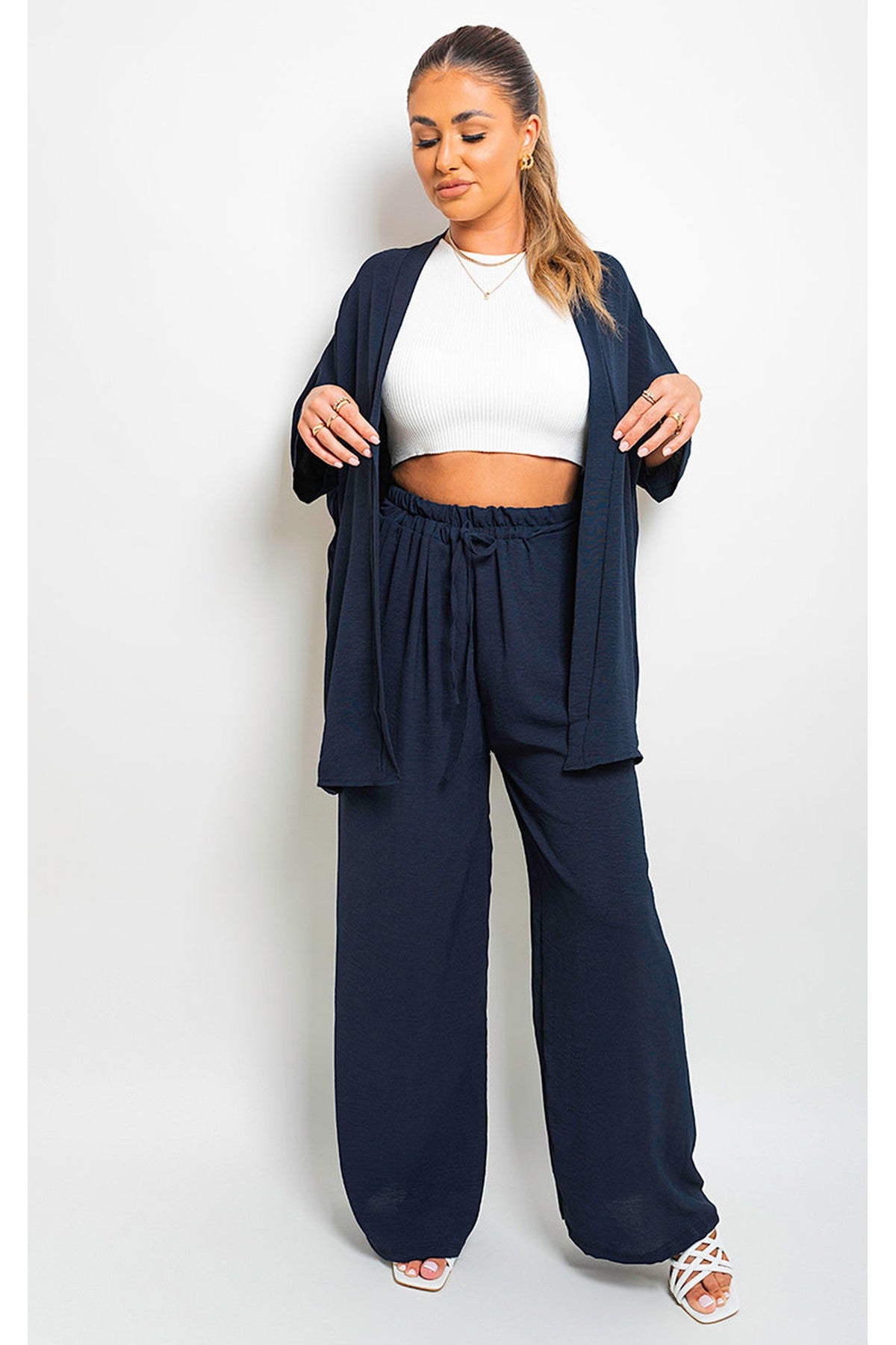 Mollie Drawstring Gathered Waist Wide Leg Trouser - Navy