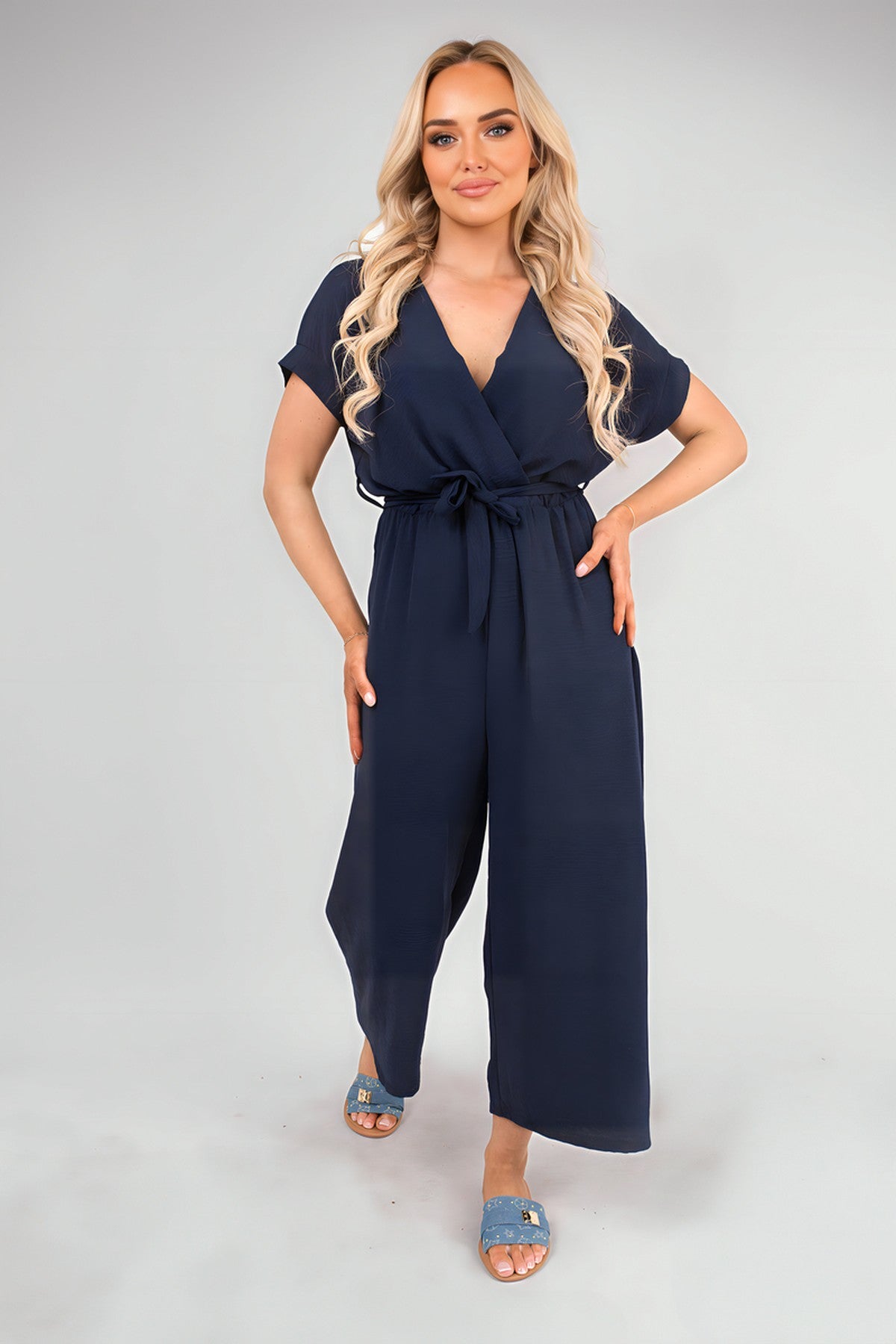 Nerina Wrap Short Sleeve Wide Leg Jumpsuit With Tie Waist - Navy