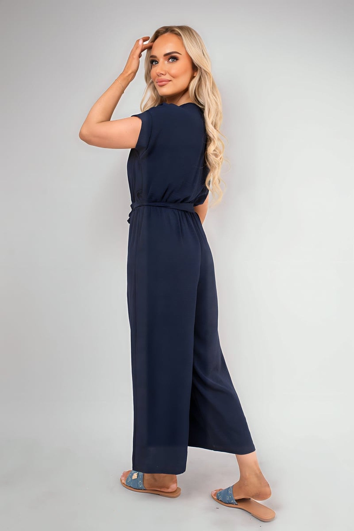 Nerina Wrap Short Sleeve Wide Leg Jumpsuit With Tie Waist - Navy
