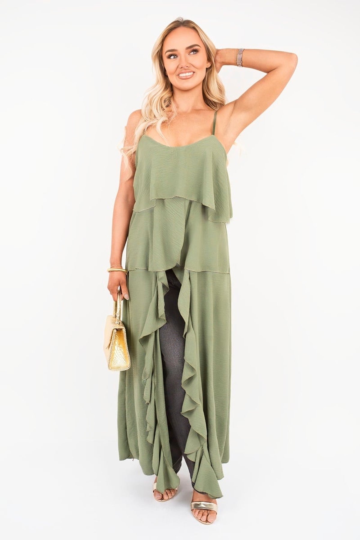 Nayeli Layered Cami Top With Asymmetric Hem - Khaki