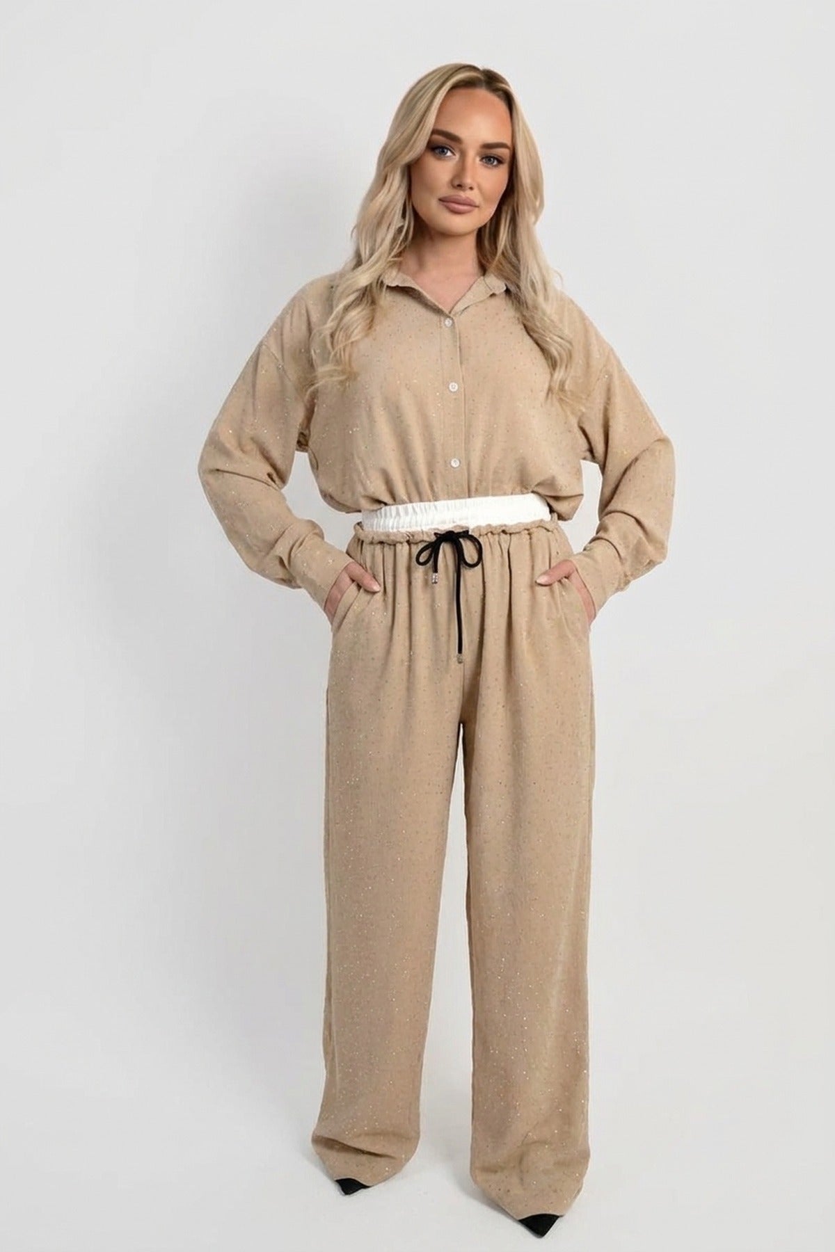 Nina Button Down Embellished Long Sleeve Top - Beige