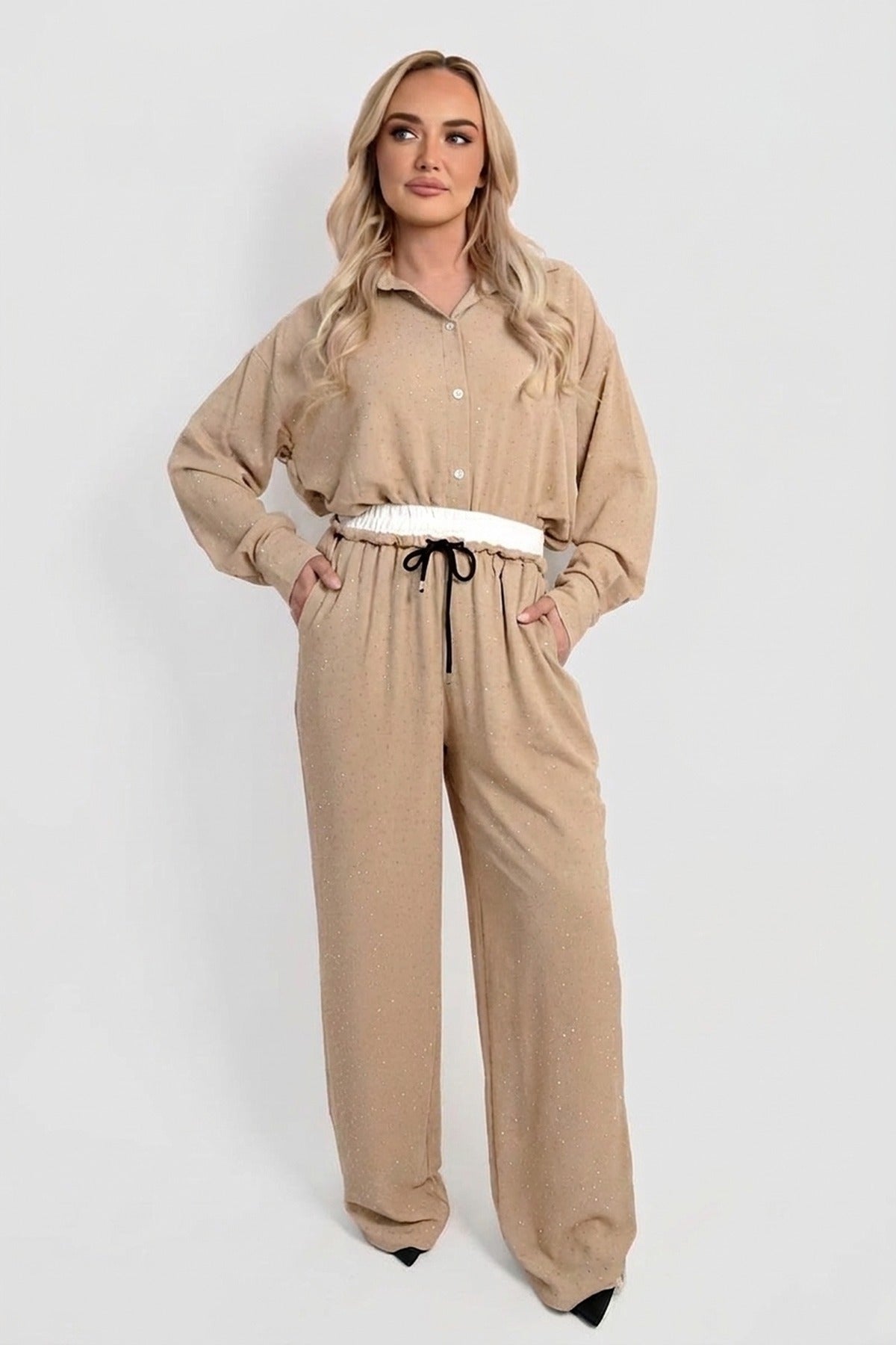 Nina Button Down Embellished Long Sleeve Top - Beige
