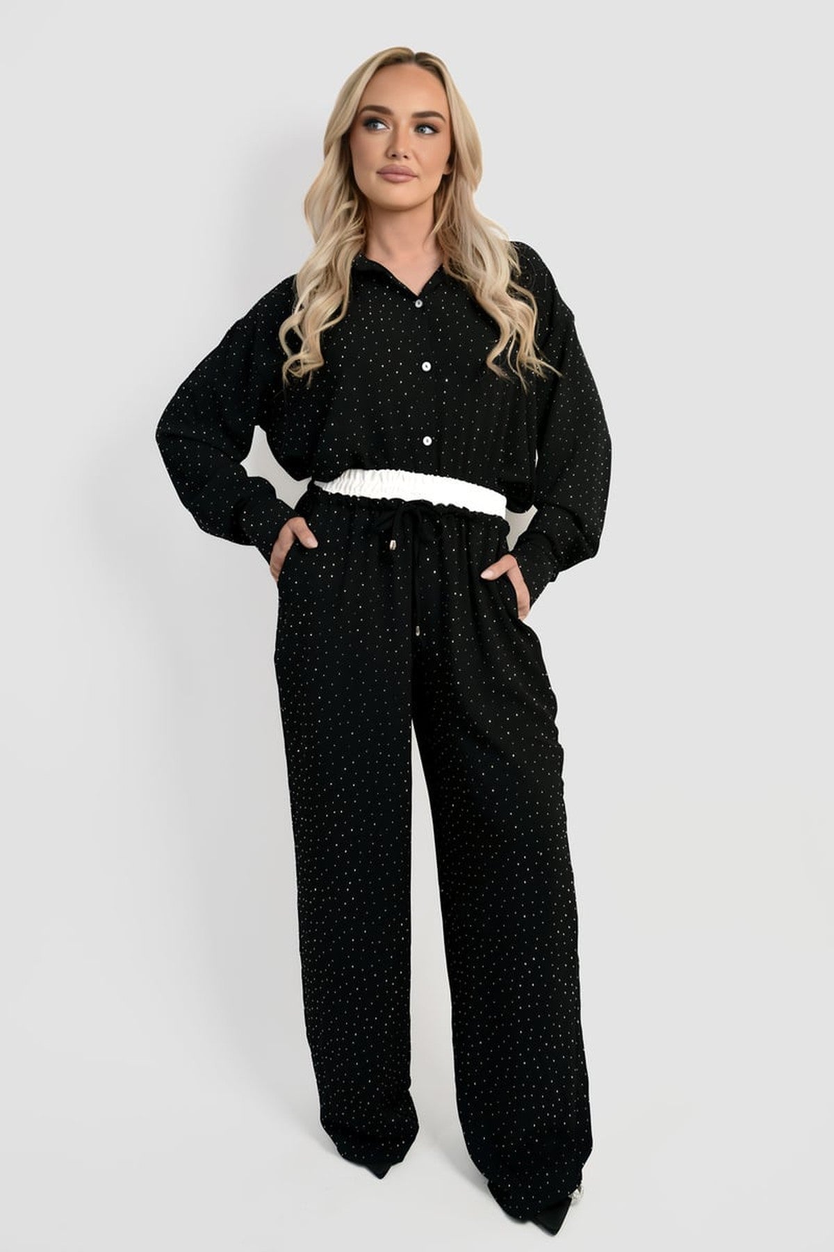 Nina Button Down Embellished Long Sleeve Top - Black