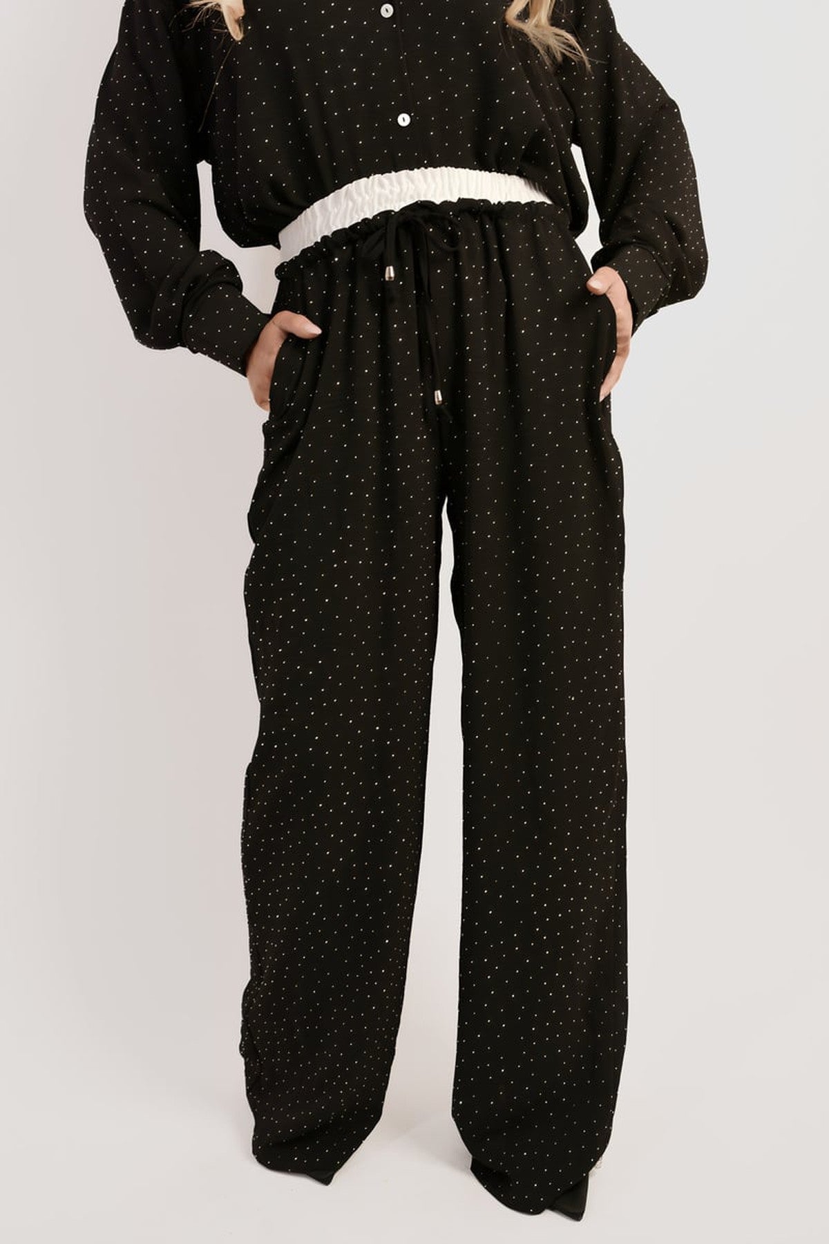 Nina Button Down Embellished Long Sleeve Top - Black