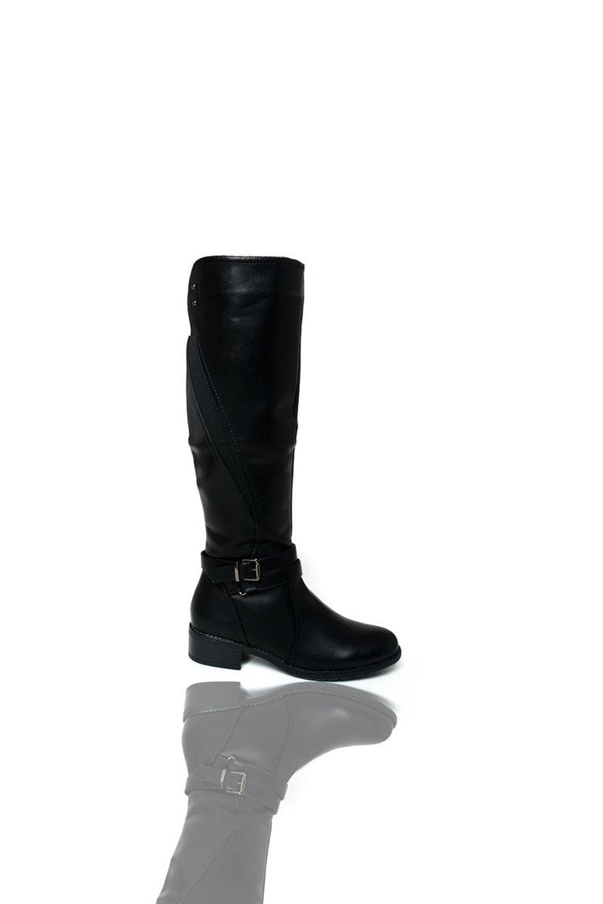 Nina Faux Leather Buckle Knee High Boots - Black