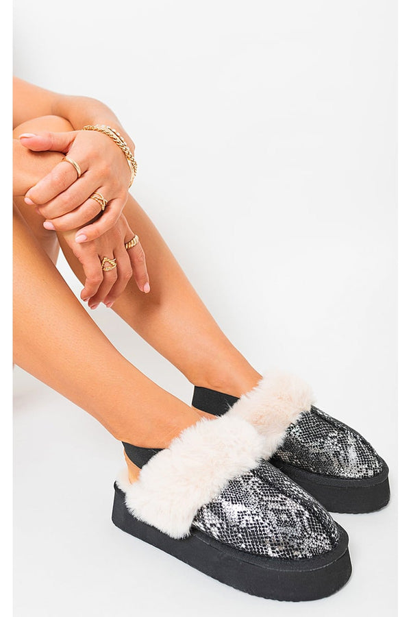 Noelle Sequin Faux Fur-cuff Back Strap Boots - Black
