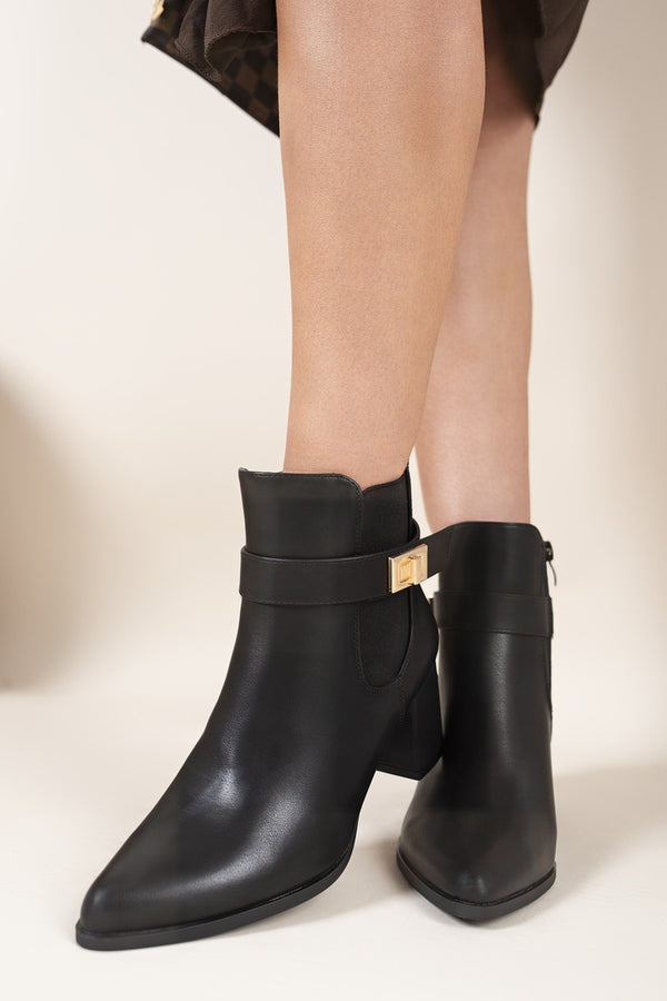 Noeme Side Zip Block Heel Ankle Boots With Buckle Strap Detail - Black