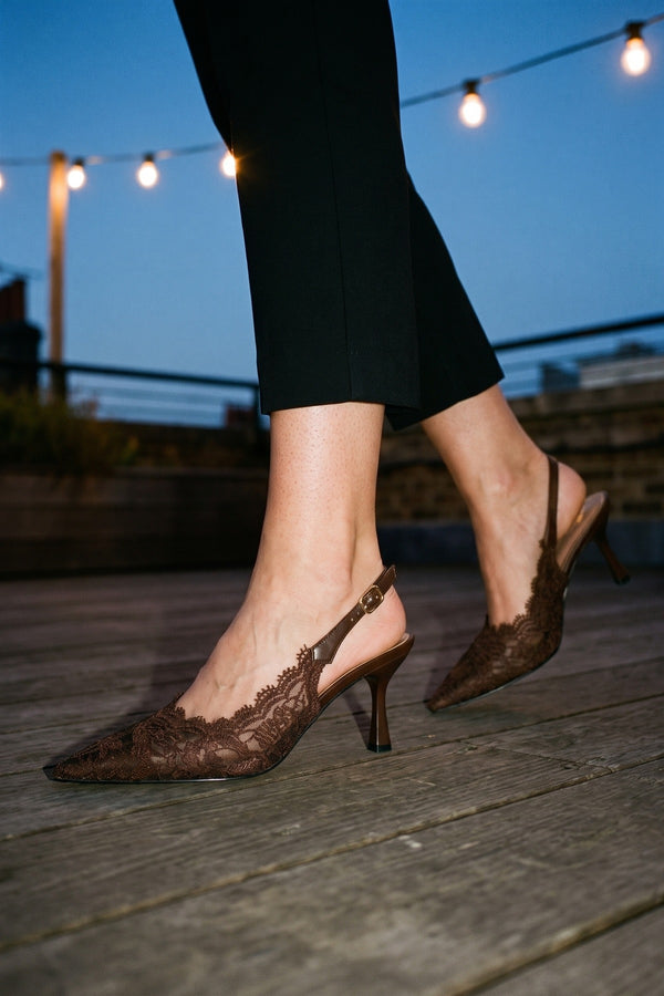 Odette Floral Lace Pointed Toe Heels - Brown
