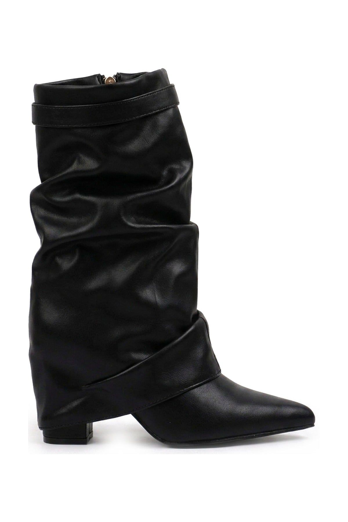Odile Fold Over Block Heel Boots - Black Pu_wb