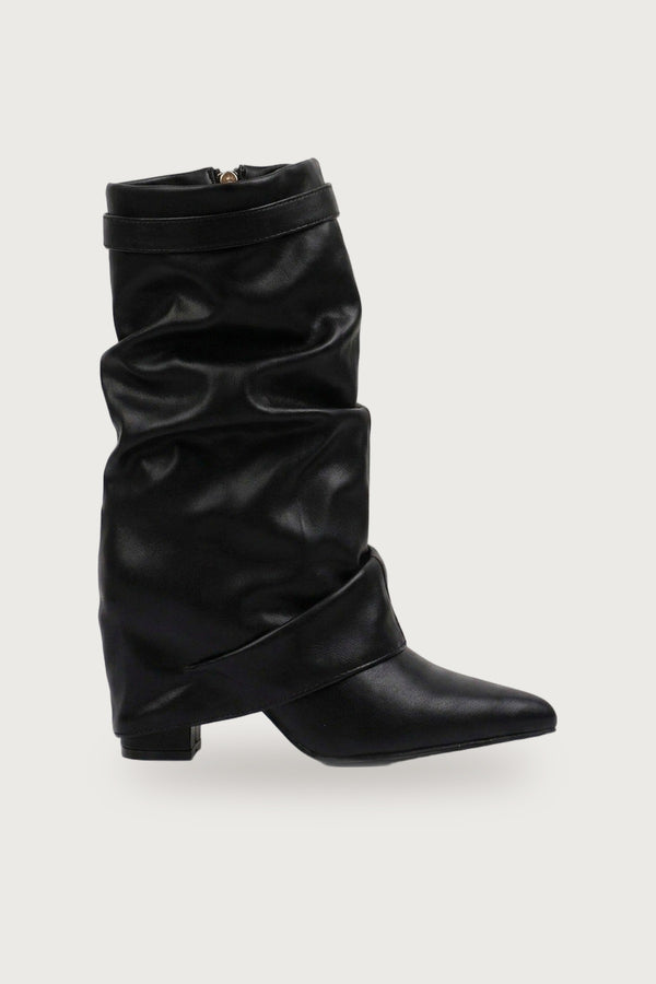 Odile Fold Over Block Heel Boots - Black Pu
