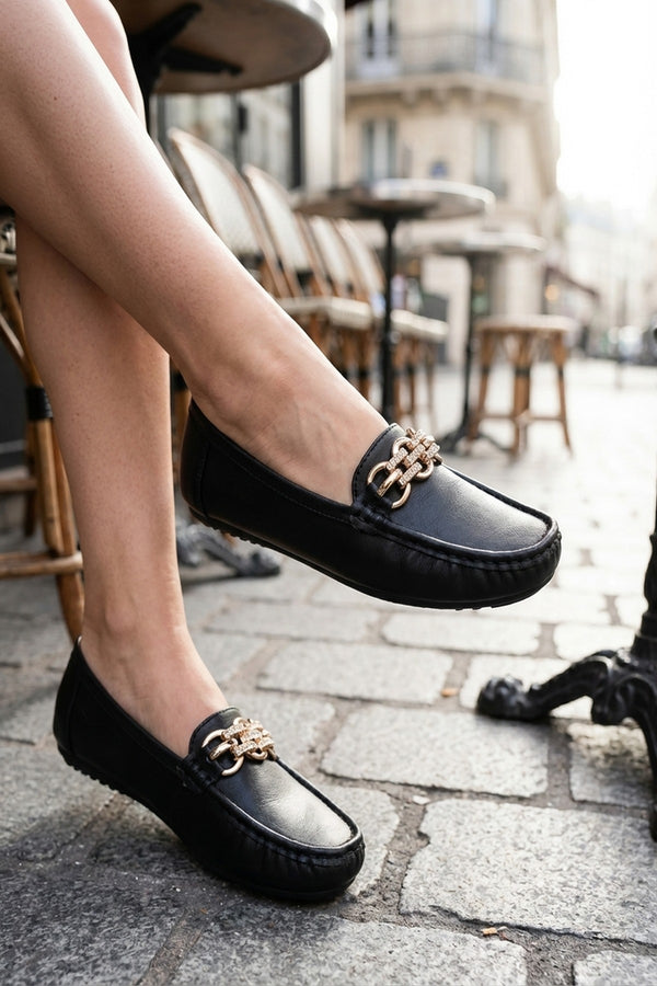 Olivia Womens Rhinestone Chain Loafers - Black