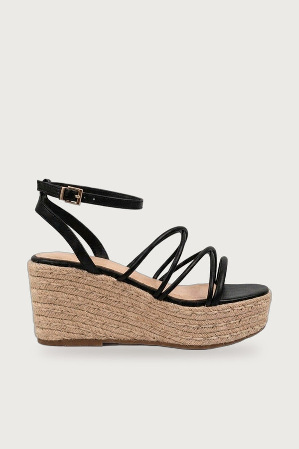 Olivia Womens Strappy Espadrille Wedge Sandals - BLACK