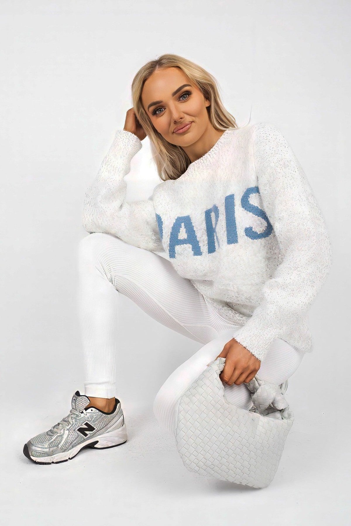 Jalina Long Sleeve Oversized Knitted Jumper With Paris Slogan - Beige