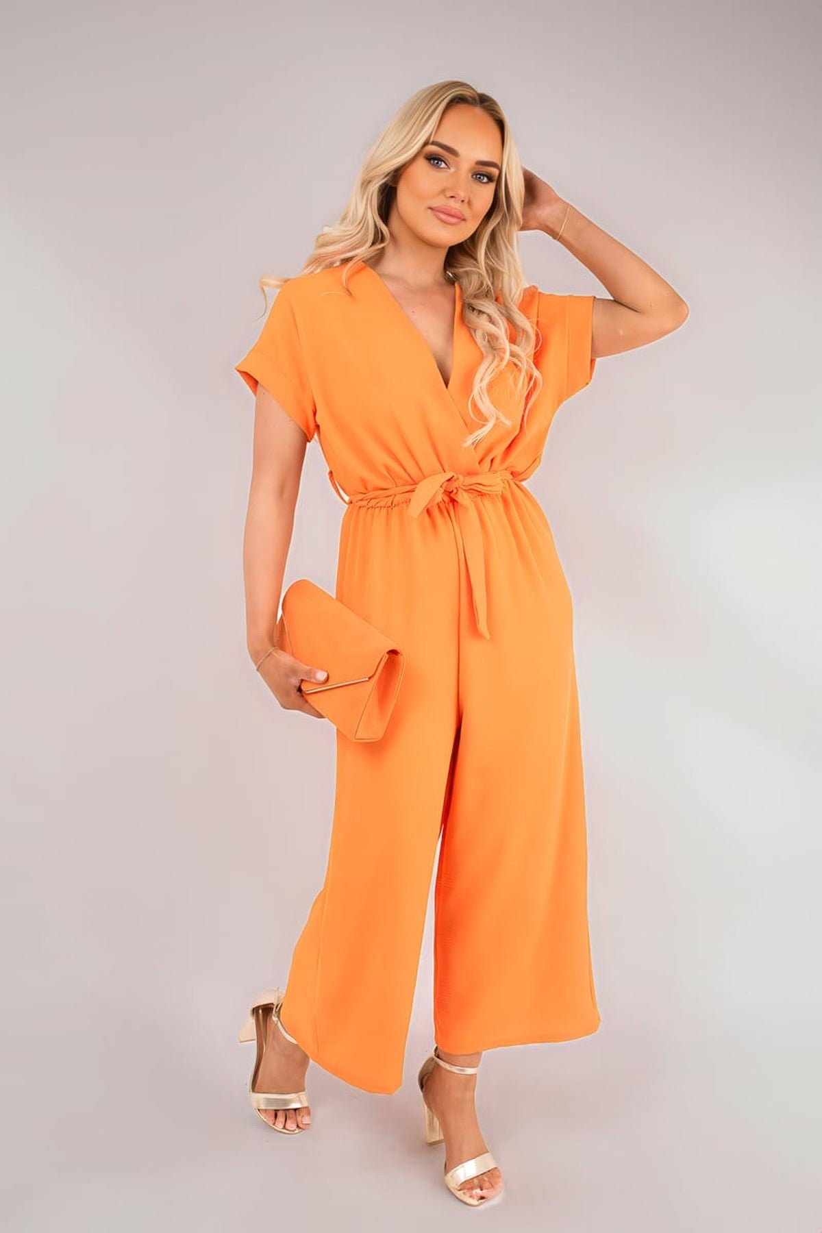 Nerina Wrap Short Sleeve Wide Leg Jumpsuit With Tie Waist - Orange