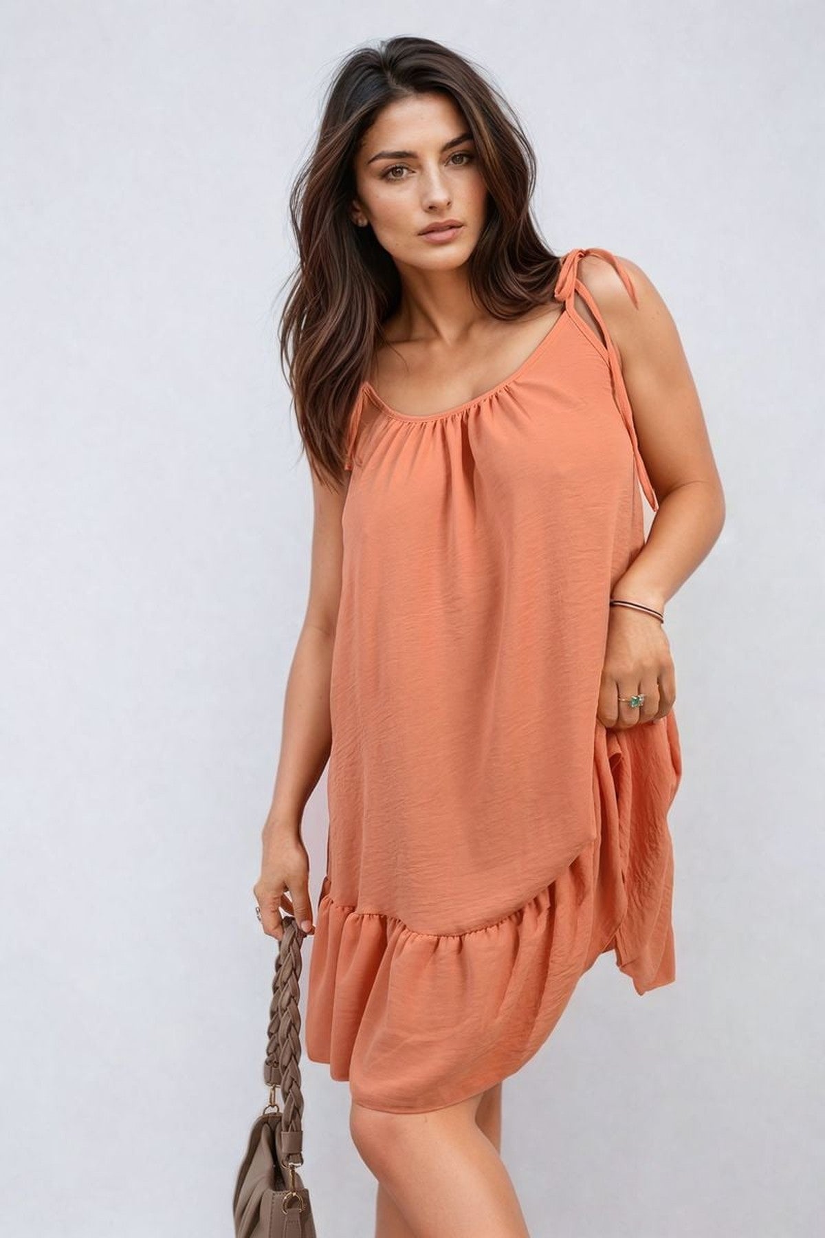Faye Backless Tie-up Spaghetti Strap Frill Hem Mini Dress - Orange