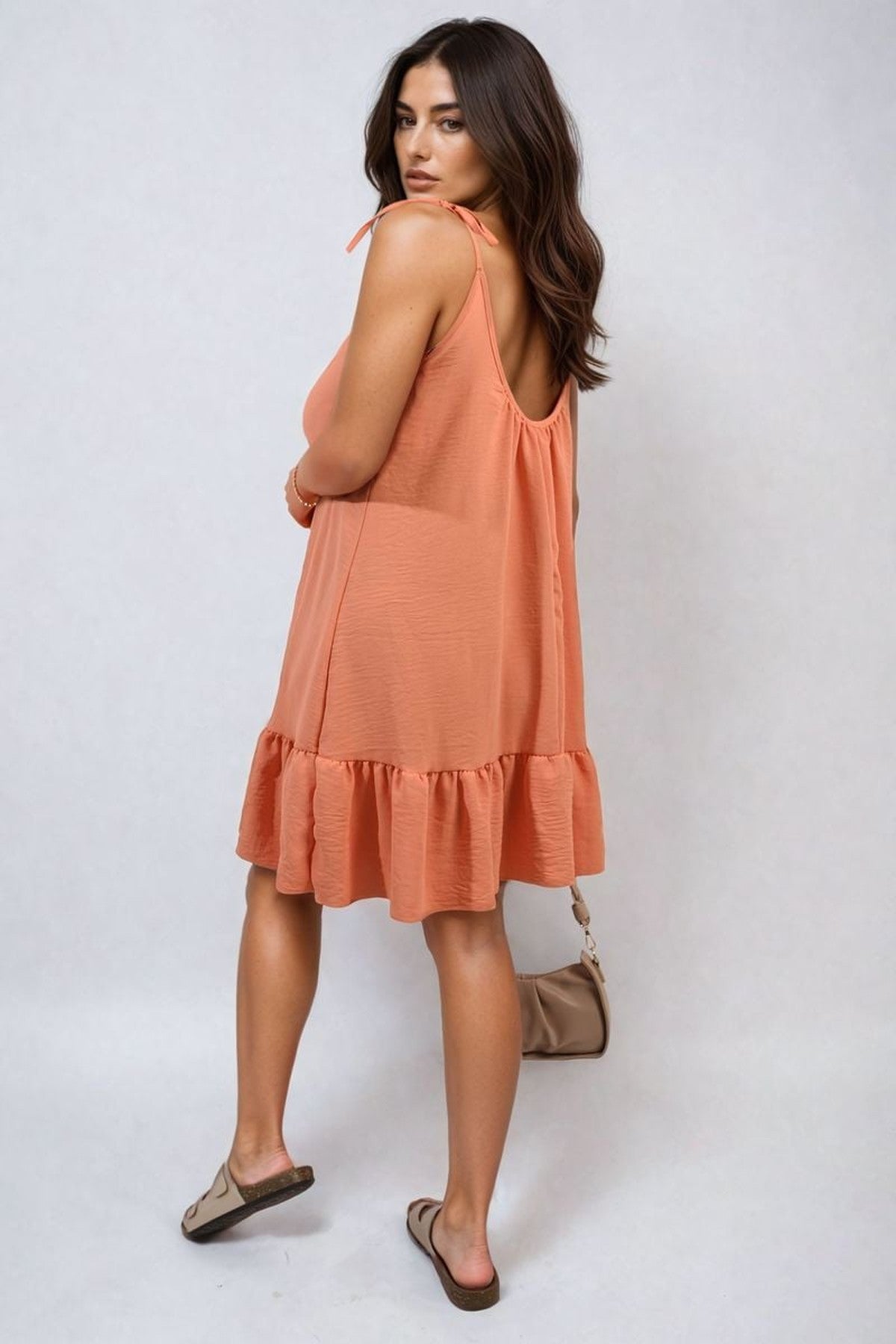 Faye Backless Tie-up Spaghetti Strap Frill Hem Mini Dress - Orange