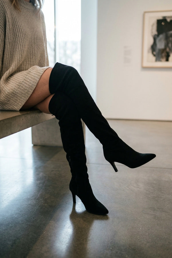 Ines Faux Suede Over The Knee Boots - Black