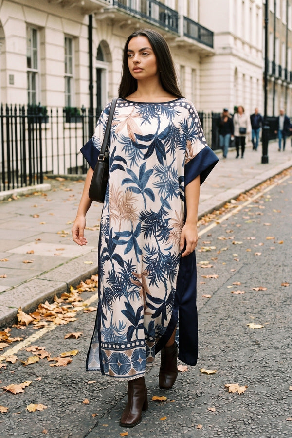 Taisley Oversized Batwing Maxi Dress With Tropical Print - Navy