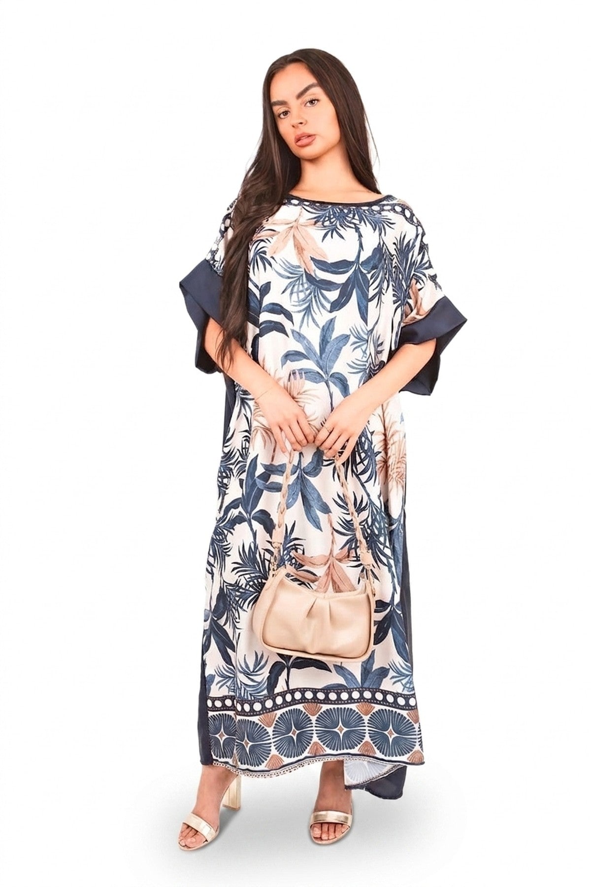 Taisley Oversized Batwing Maxi Dress With Tropical Print - Navy_wb