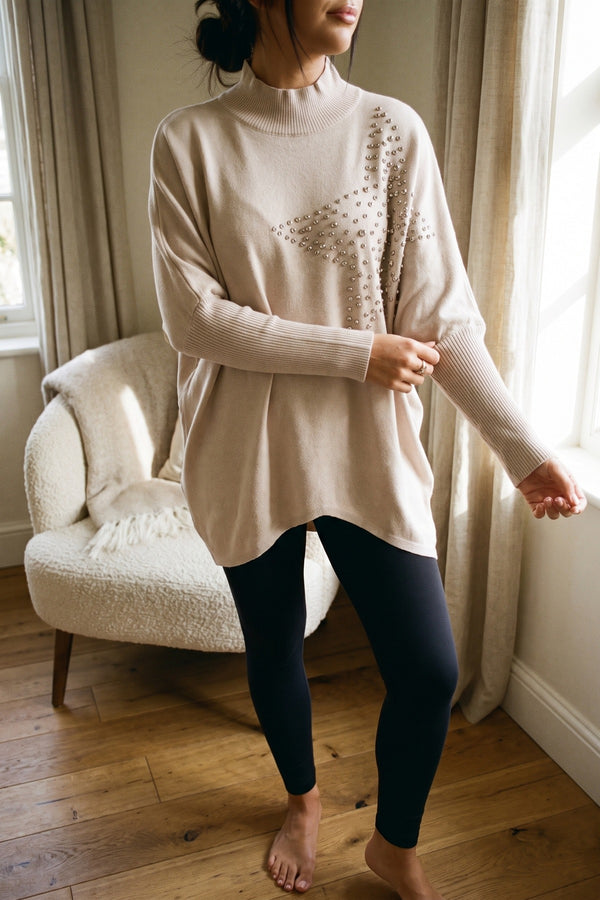 Jaira Oversized Knitted Jumper With Studded Star Detail - Beige