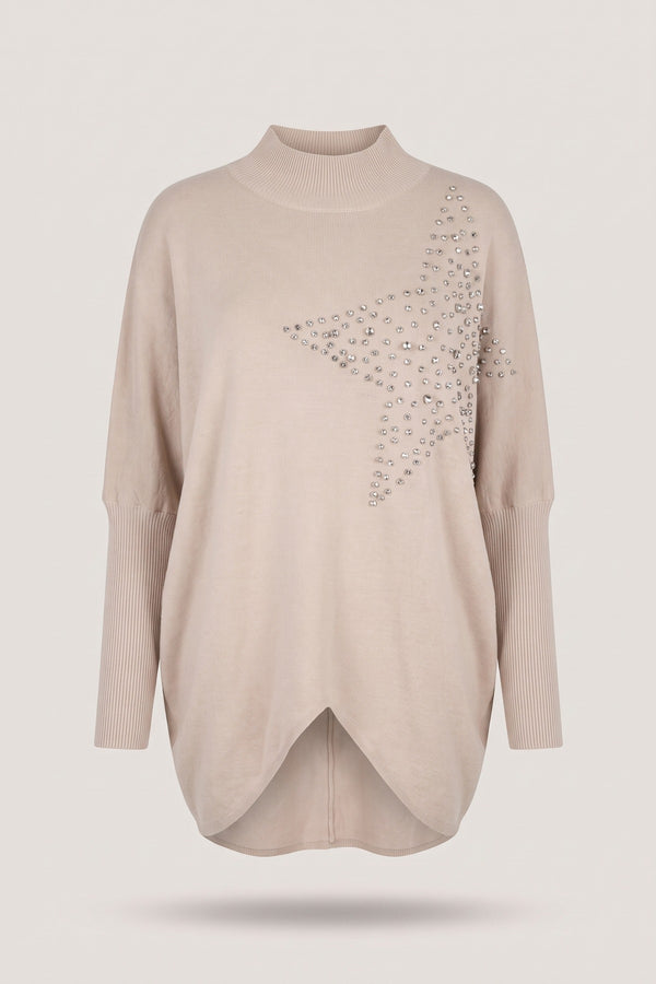 Jaira Oversized Knitted Jumper With Studded Star Detail - Beige