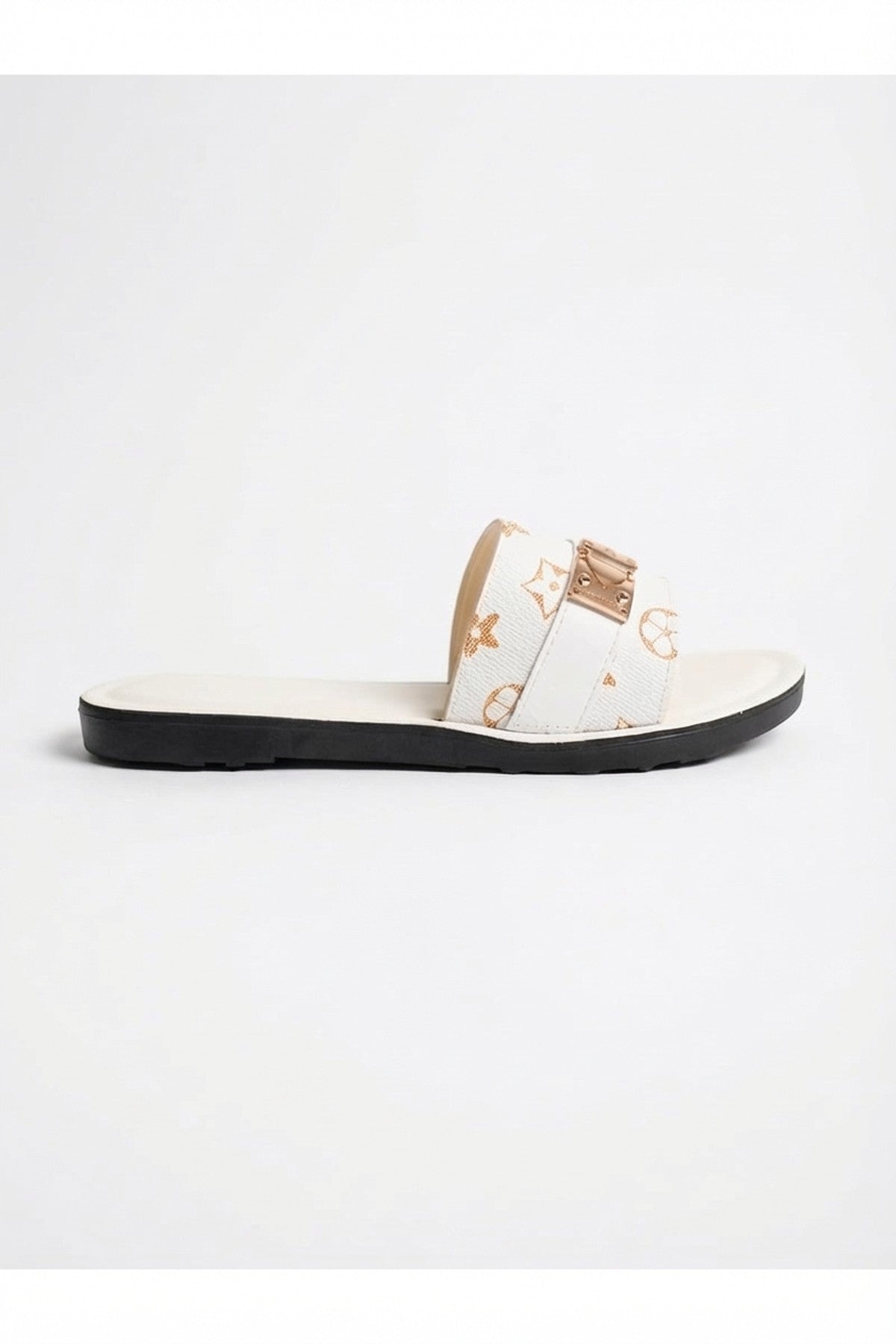 Amber Patterned Slider Sandals - White_wb