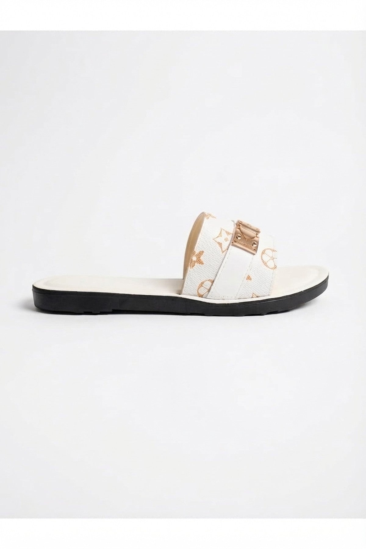 Amber Patterned Slider Sandals - White_wb