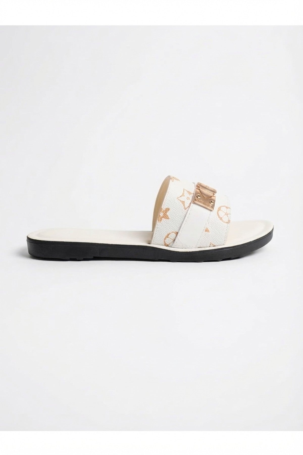 Amber Patterned Slider Sandals - White_wb
