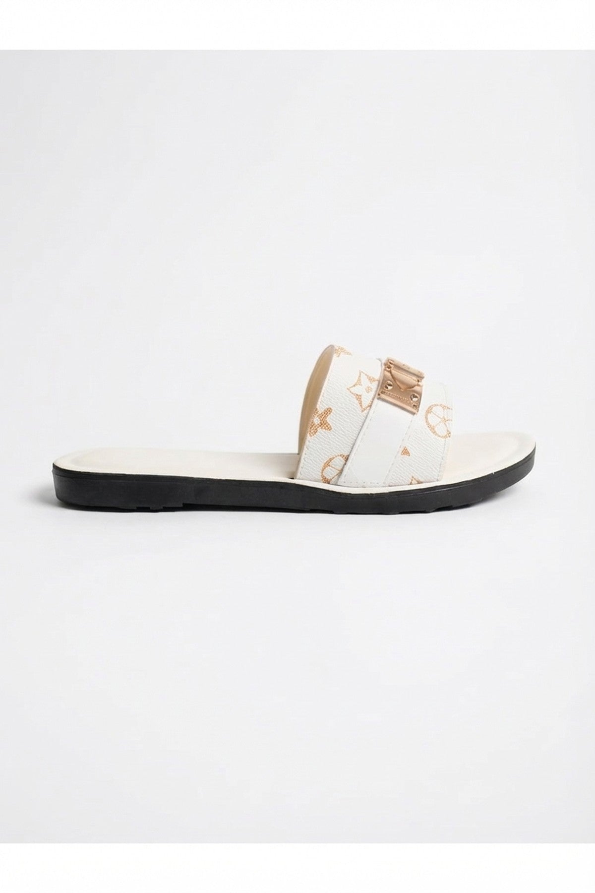 Amber Patterned Slider Sandals - White_wb