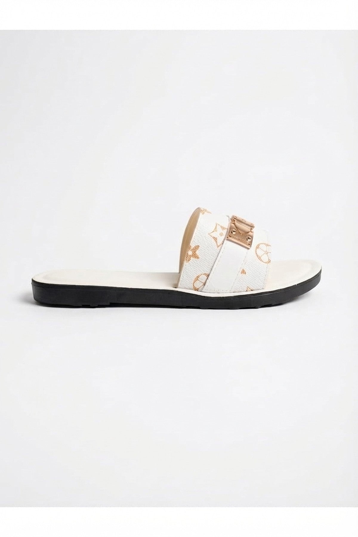 Amber Patterned Slider Sandals - White_wb