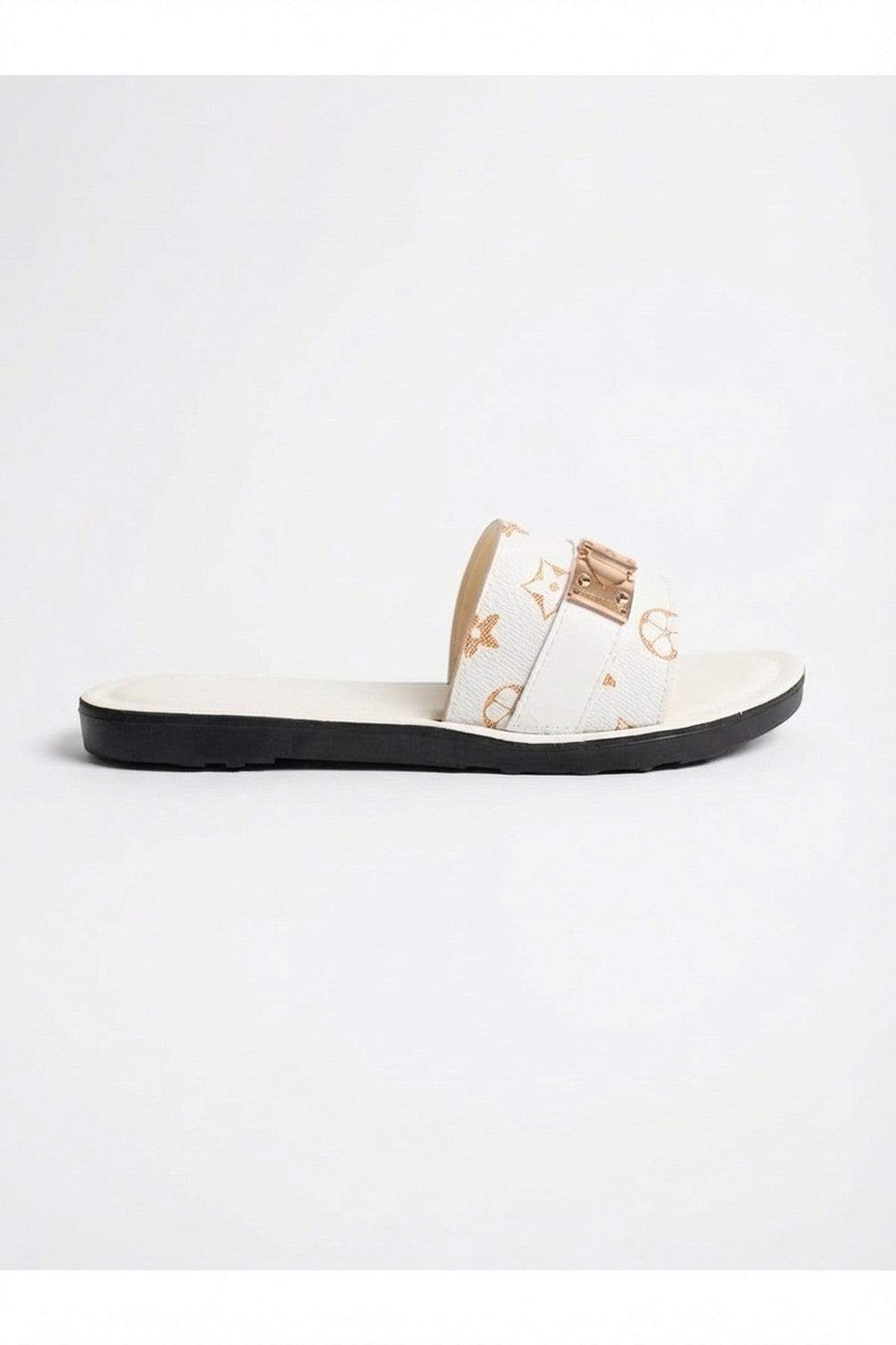 Amber Patterned Slider Sandals - White_wb
