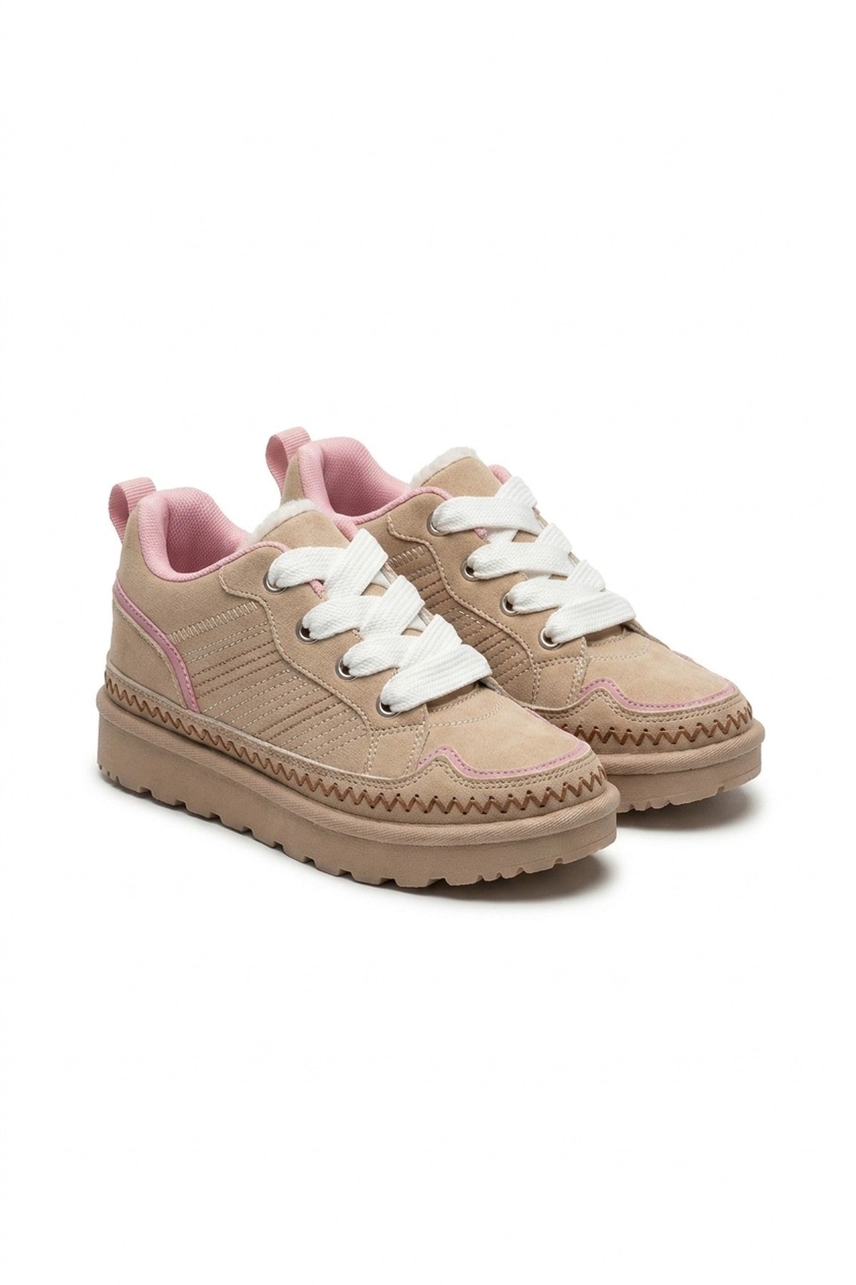 Pearl Faux Suede Platform Trainers - Beige_wb