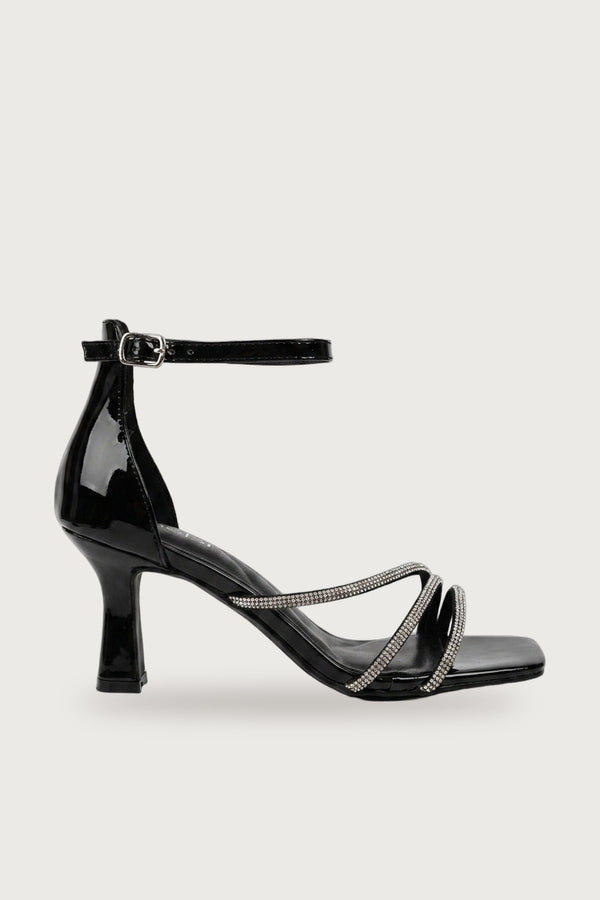 Pearl Patent Rhinestone Strap Square Sandals - Black