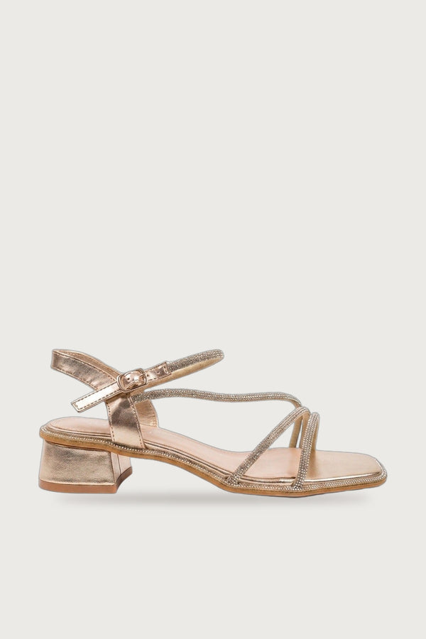 Pearl Rhinestone Embellished Strappy Low Sandals - Gold