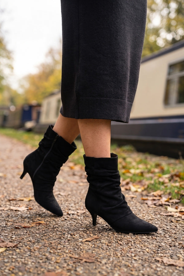 Petronella Faux Suede Slouch Kitten Heel Ankle Boots - Black
