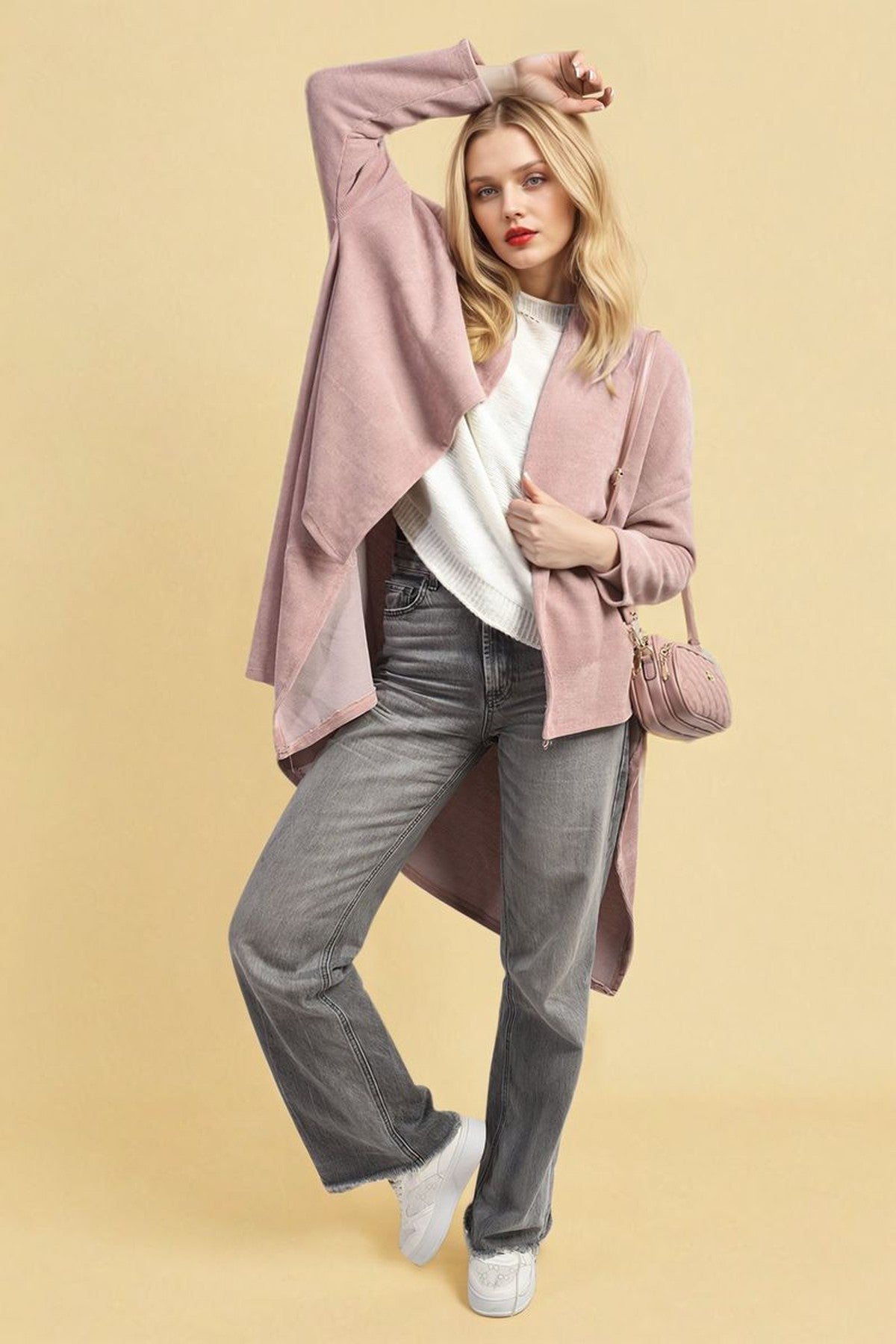 Lydia Open Front Long Back Knitted Cardigan - Pink