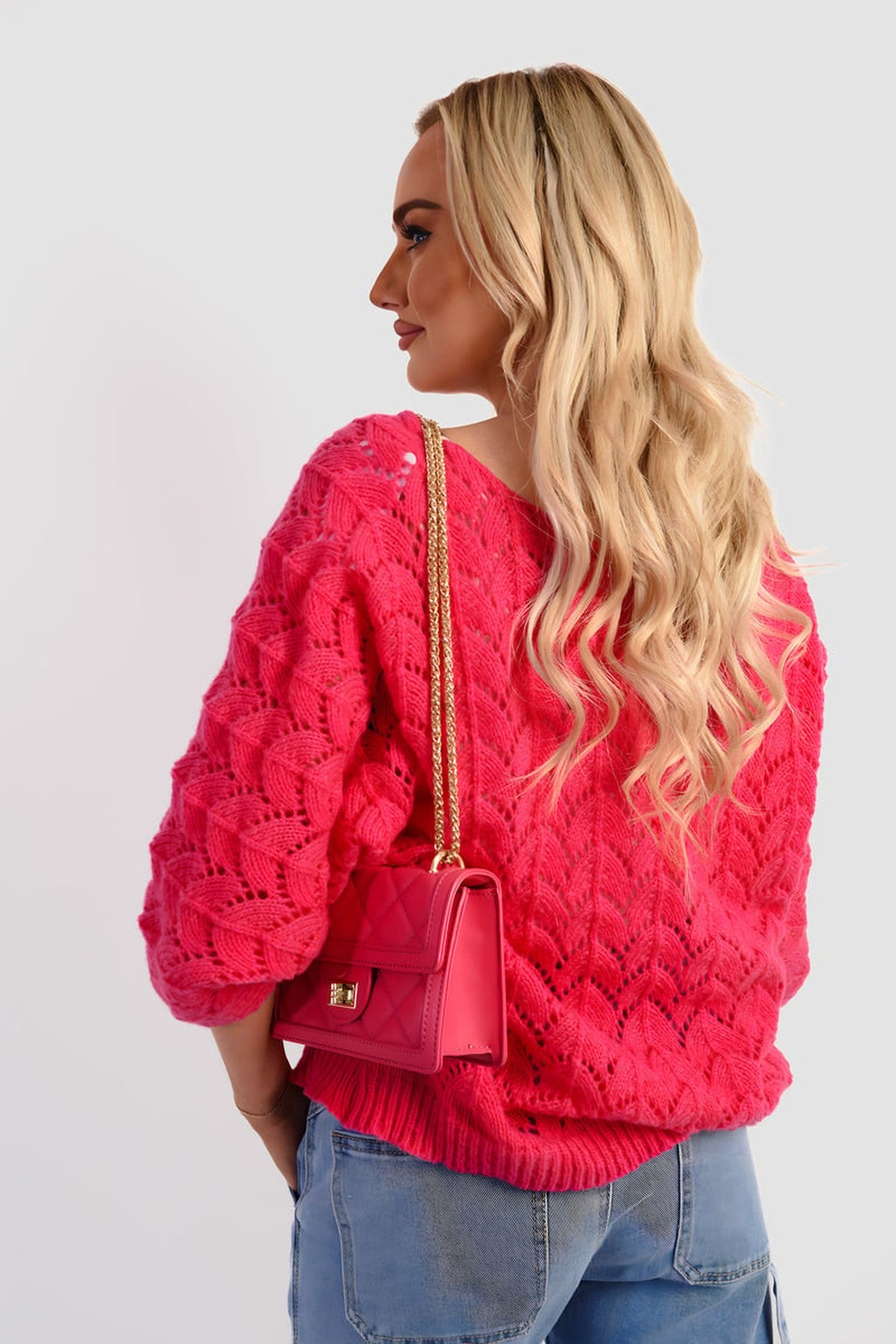 Eliza Half Sleeve Chunky Cable Knit Jumper - Pink