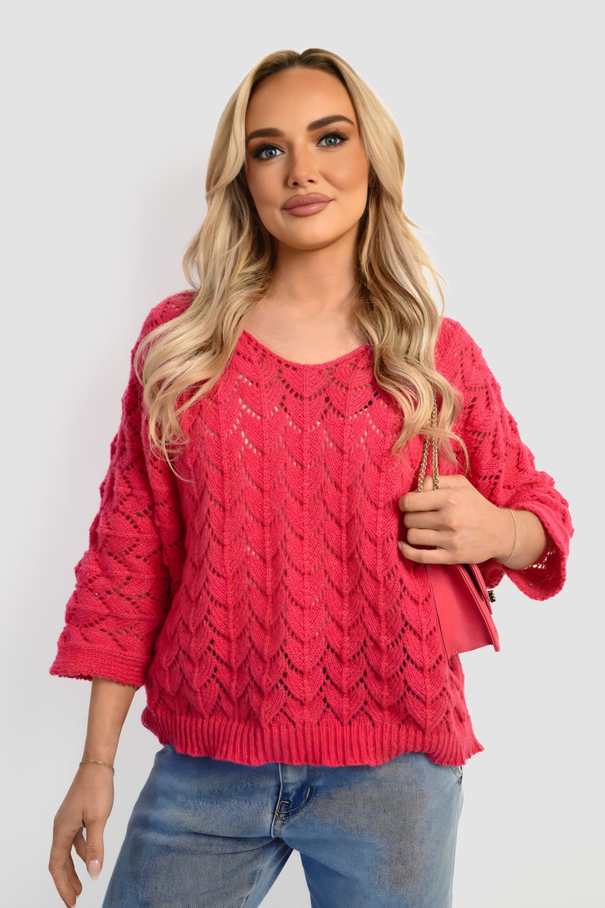 Eliza Half Sleeve Chunky Cable Knit Jumper - Pink