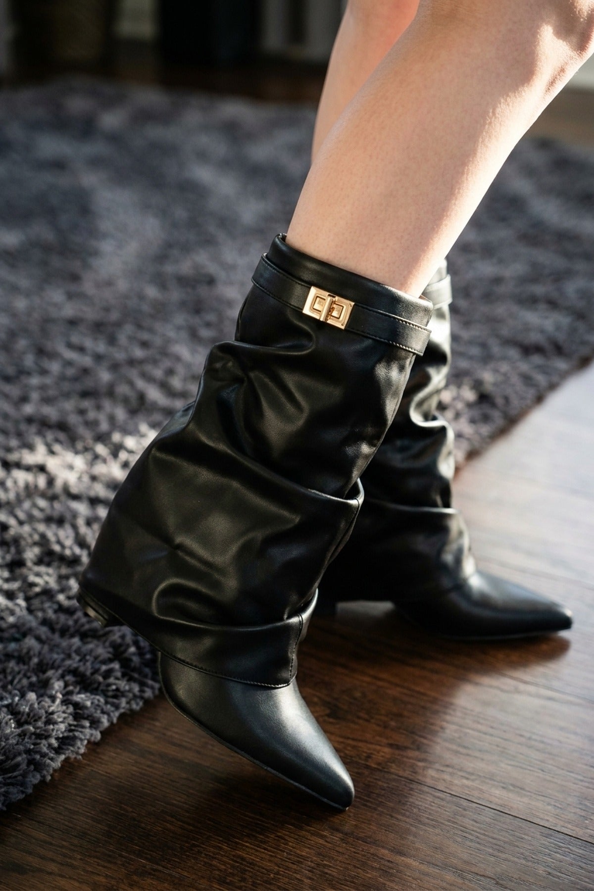 Odile Fold Over Block Heel Boots - Black Pu