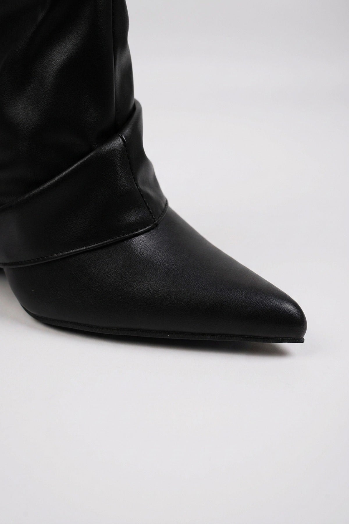 Odile Fold Over Block Heel Boots - Black Pu