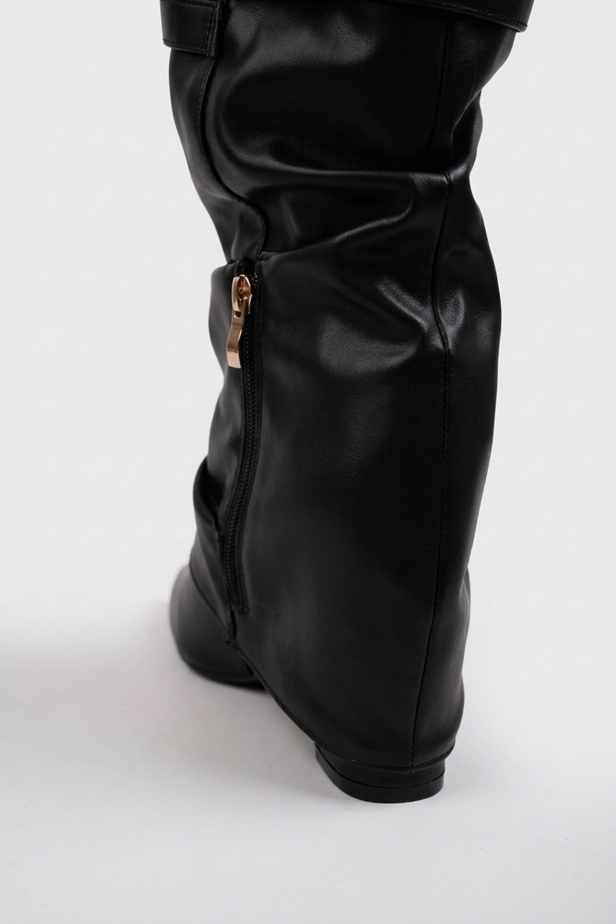 Odile Fold Over Block Heel Boots - Black Pu