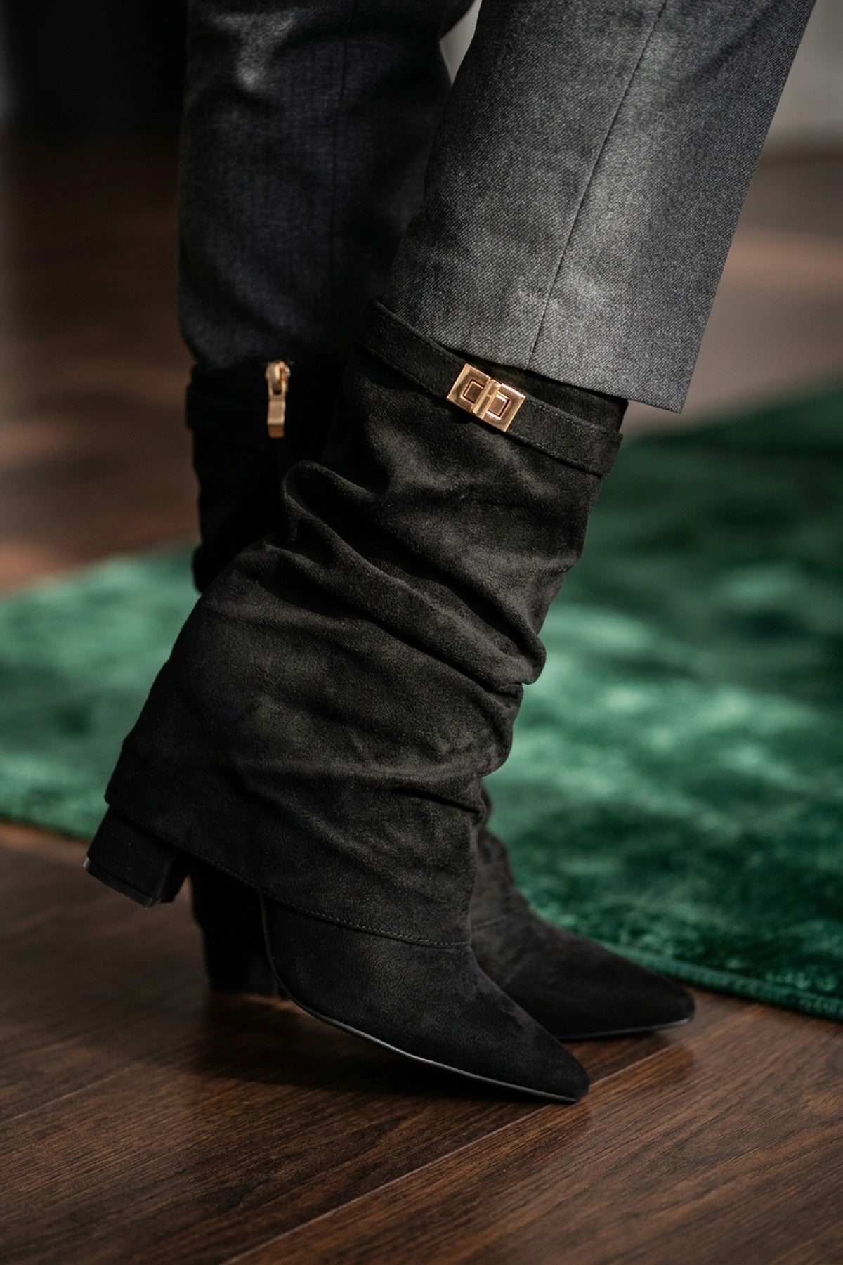 Odile Fold Over Block Heel Boots - Black Suede