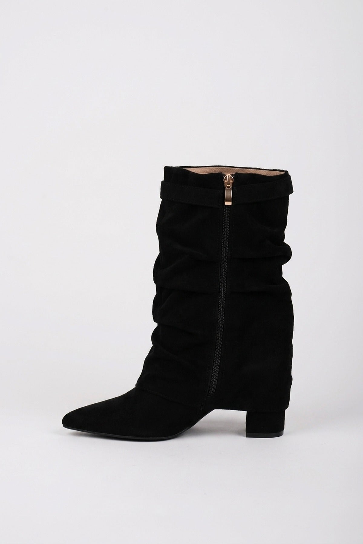 Odile Fold Over Block Heel Boots - Black Suede