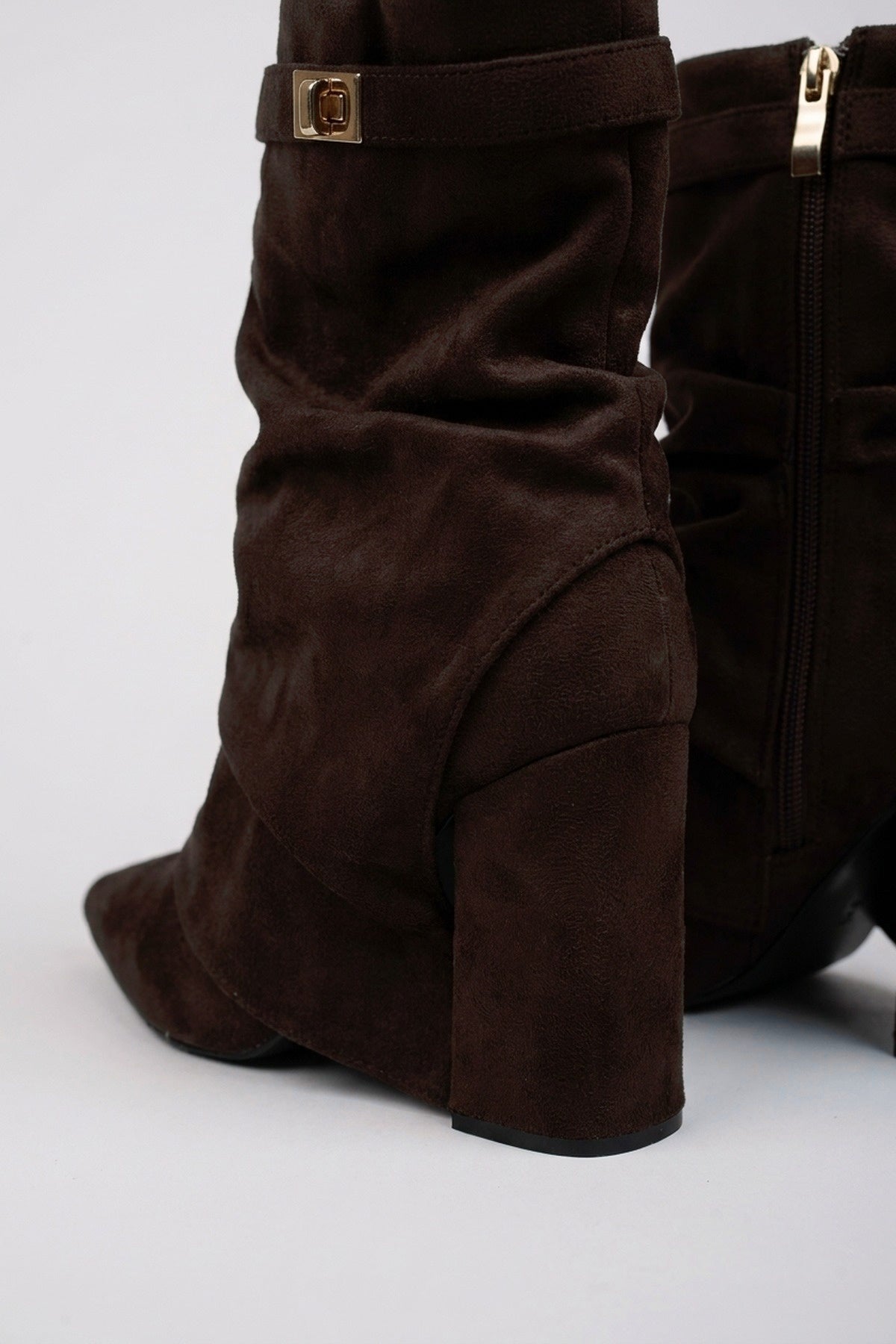 Odile Fold Over Block Heel Boots - Dark Brown Suede