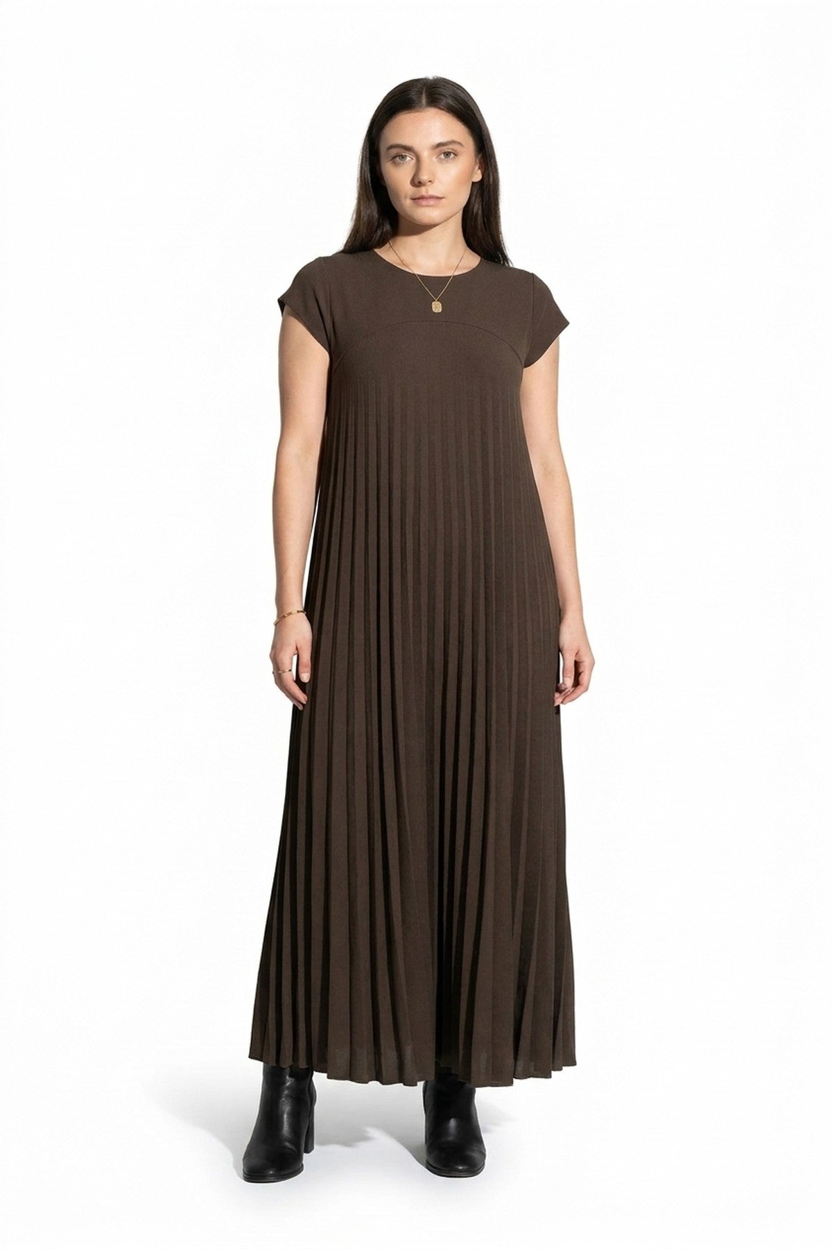 Sarina Pleated Cap Sleeve Maxi Dress - Choc Brown_wb