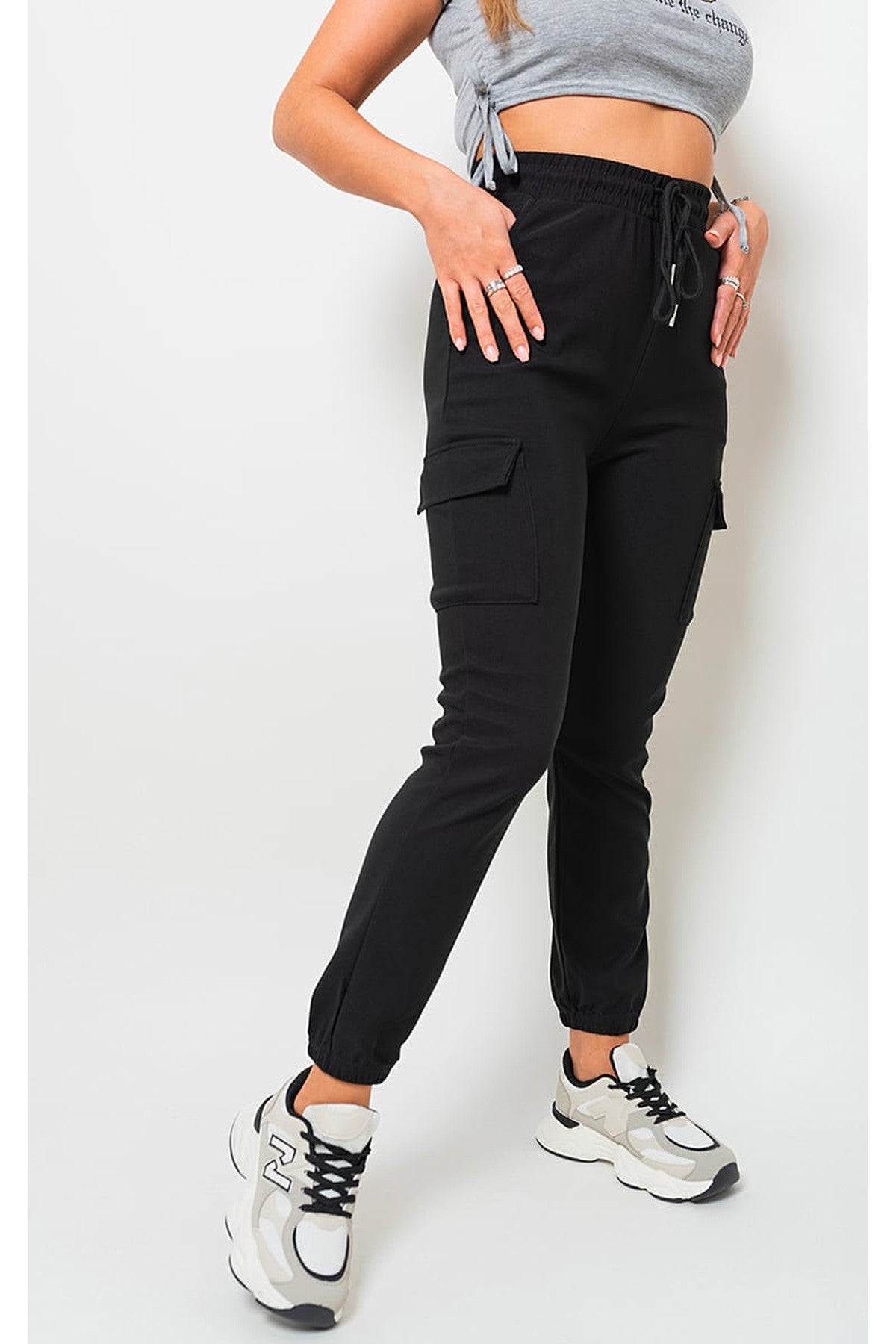 Plus Size Frankie Cargo Pocket Trouser With Drawstring - Black